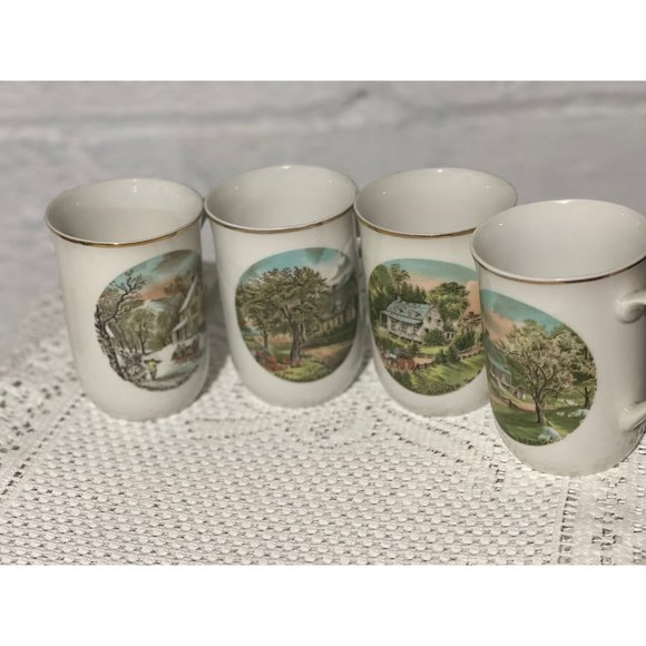 Vintage Set of 4 Currier and Ives Seasons Cups Mugs Winter Autumn Spring Summer - Picture 4 of 10